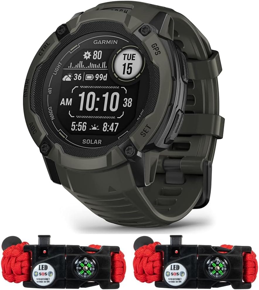 Garmin 010-02805-15 Instinct 2X Solar Rugged GPS Smartwatch Moss | Official USA Partner Model | Bundle with Deco Essentials 2-Pack Emergency Paracord Bracelet with SOS LED Whistle Knife